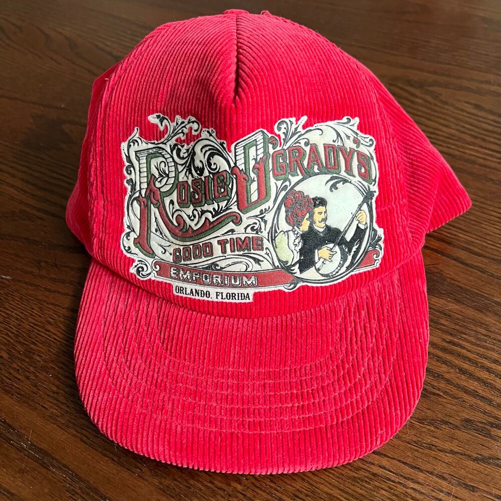 VTG 90s Rosie O’Gradys Good Time Corduroy Snap Back Trucker Hat Red Adjustable